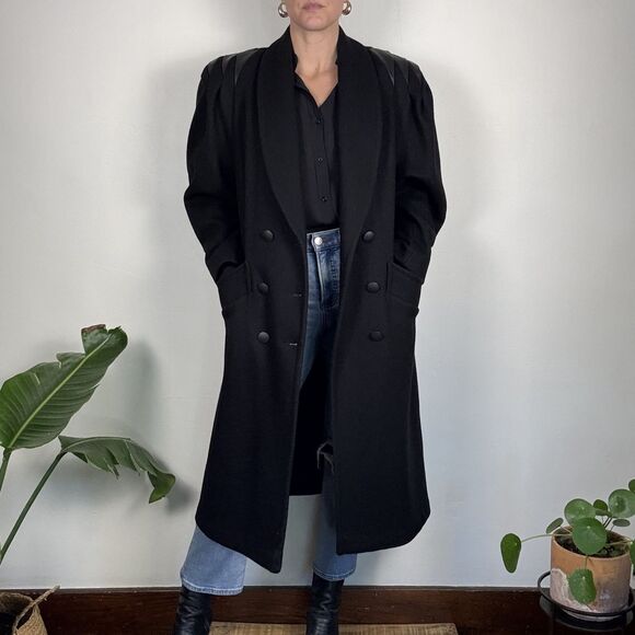 Vintage Jofeld 80s Double Breasted Black Wool & Leather Trench Coat USA ILGWU - Picture 14 of 14